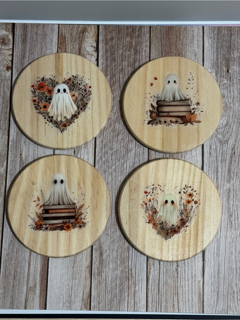 👻 🍂 “Ghosters!!” Hand Crafted Autumn Ghost Wood Coasters (Set of 4)